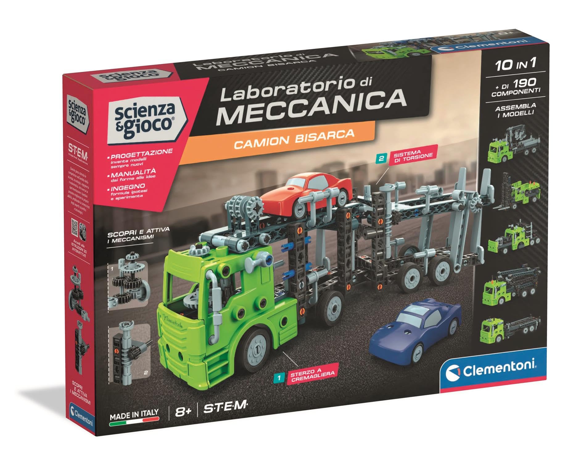 Clementoni Scienza e Gioco Laboratorio di Meccanica - Bisarca, Set di Costruzioni 10 in 1, Bambini 8+ Anni, Scopri i Principi dell'Ingegneria, Made in Italy, Lingua Italiana, 19391