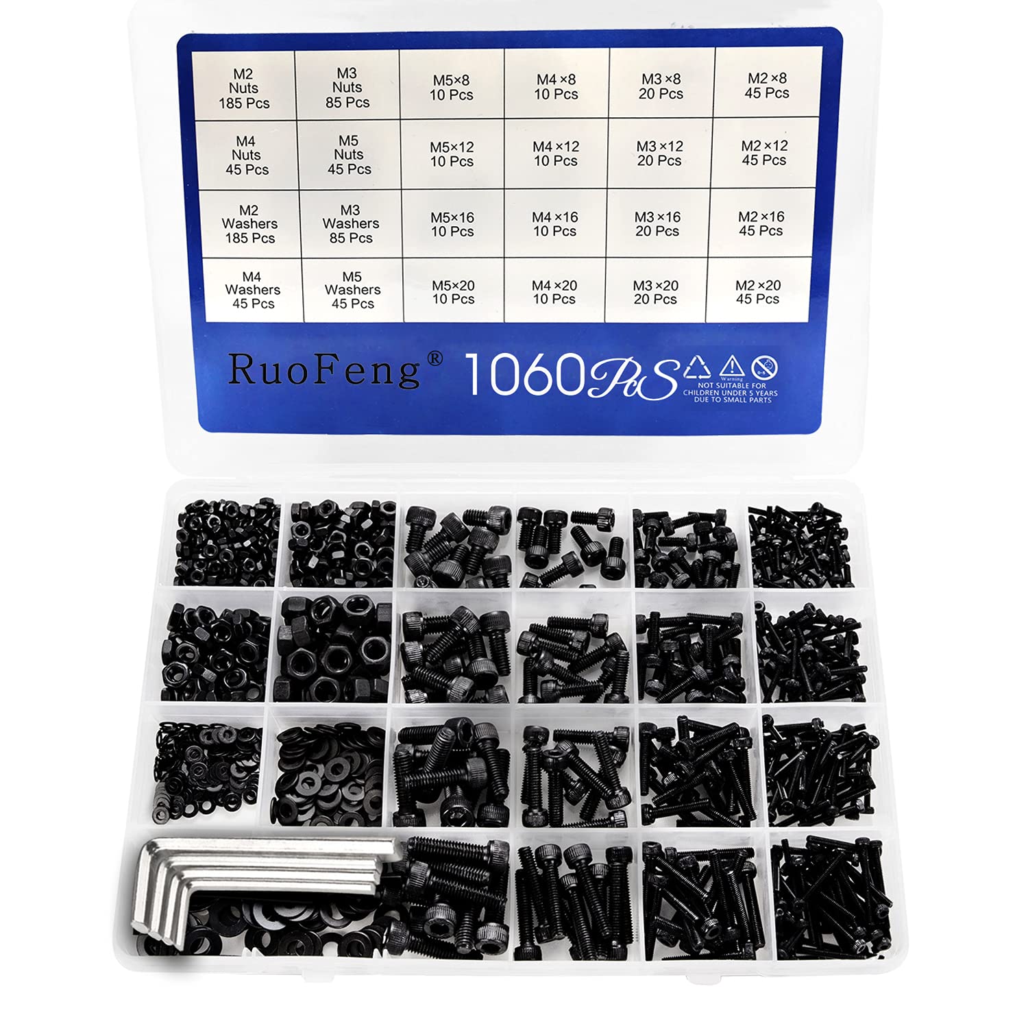 RuoFeng Black Cylindrical Head Hexagon Screw Nut Bolt Set Carbon Steel M2 M3 M4 M5 Cup Head Socket Cap Screws Box 1060pcs with 4 Small Spanners
