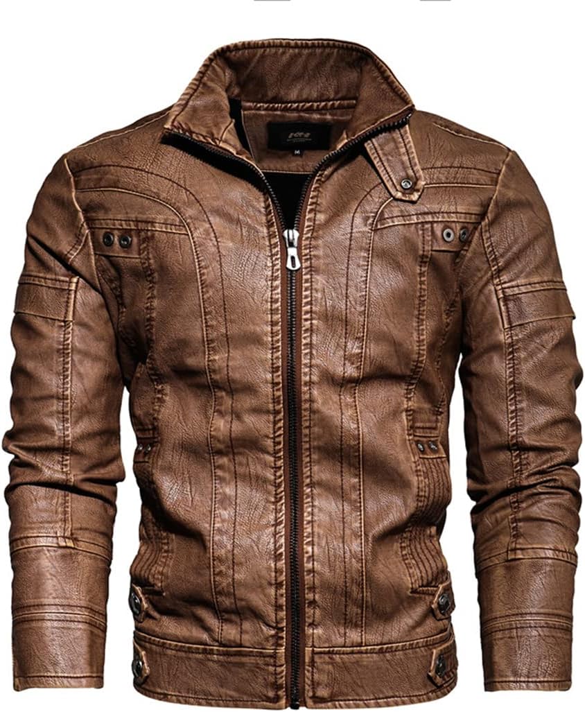 Mens Motorcycle Jacket Autumn Winter Men Faux PU Leather Jackets Casual Embroidery Biker Coat Zipper Fleece Jacket Brown 03 5XL