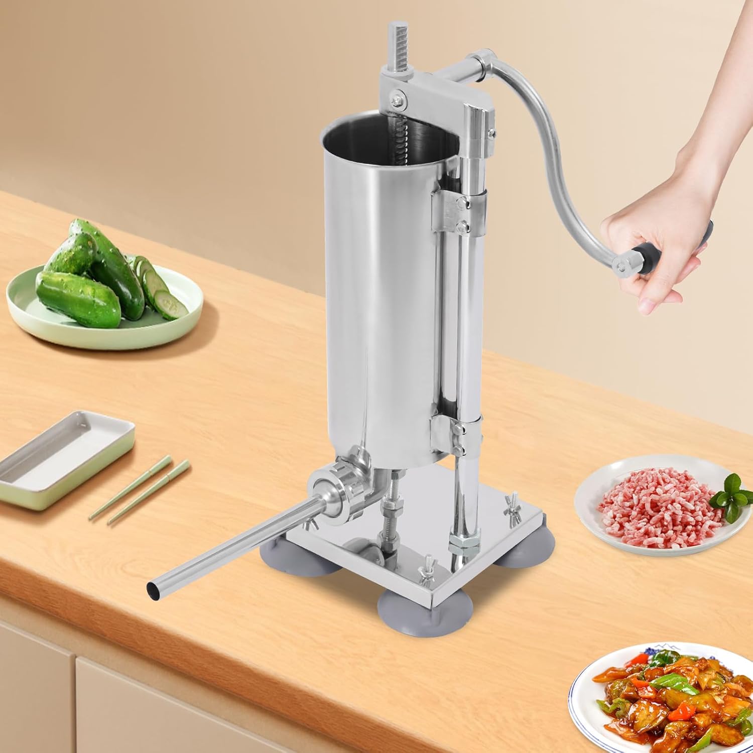 Manual Sausage Stuffer, 6 LBS / 3 L Heavy Duty Stainless Steel Sausage Maker Machine with 6 Stuffing Tubes, Hand Crank Sausage Filler for Home, Kitchen, Outdoor Camping
