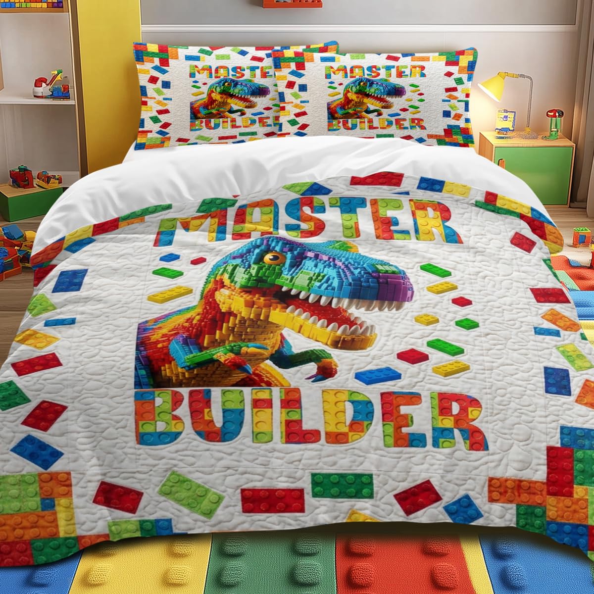 Master Builder Dinosaur Duvet Cover Set Double Size for Kids Brick Lovers, Colorful Block T‑Rex Bedding with Letters, Soft Microfiber Gamer Style Cover for Boys Girls Bedroom Decor