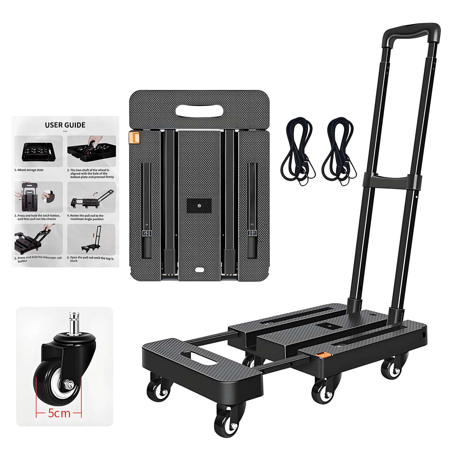 Sackkarre Klappbar, Transportwagen 200KG, Sackkarren Klappbare mit 6 Universal-Räder, Plattformwagen mit Verstellbarer Deichsel, 2 Flexibles Seil, für Gepäck, Einkaufen, Auto und Umzug, Schwarz
