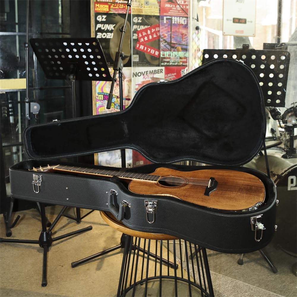 ZeHuoGe 41" Acoustic Guitar Hard Wooden Case, Protective Hard Shell with Plush Interior, Lockable, Portable Handle & Accessory Storage (For Acoustic Guitar)