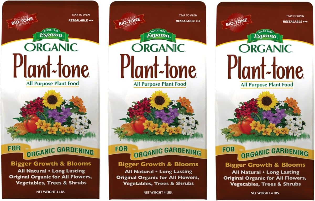 Espoma Organic Plant-Tone 5-3-3 Natural & Organic All Purpose Plant Food; 4 lb. Bag; The Original Organic Fertilizer for All Flowers, Vegetables, Trees, and Shrubs. Pack of 3