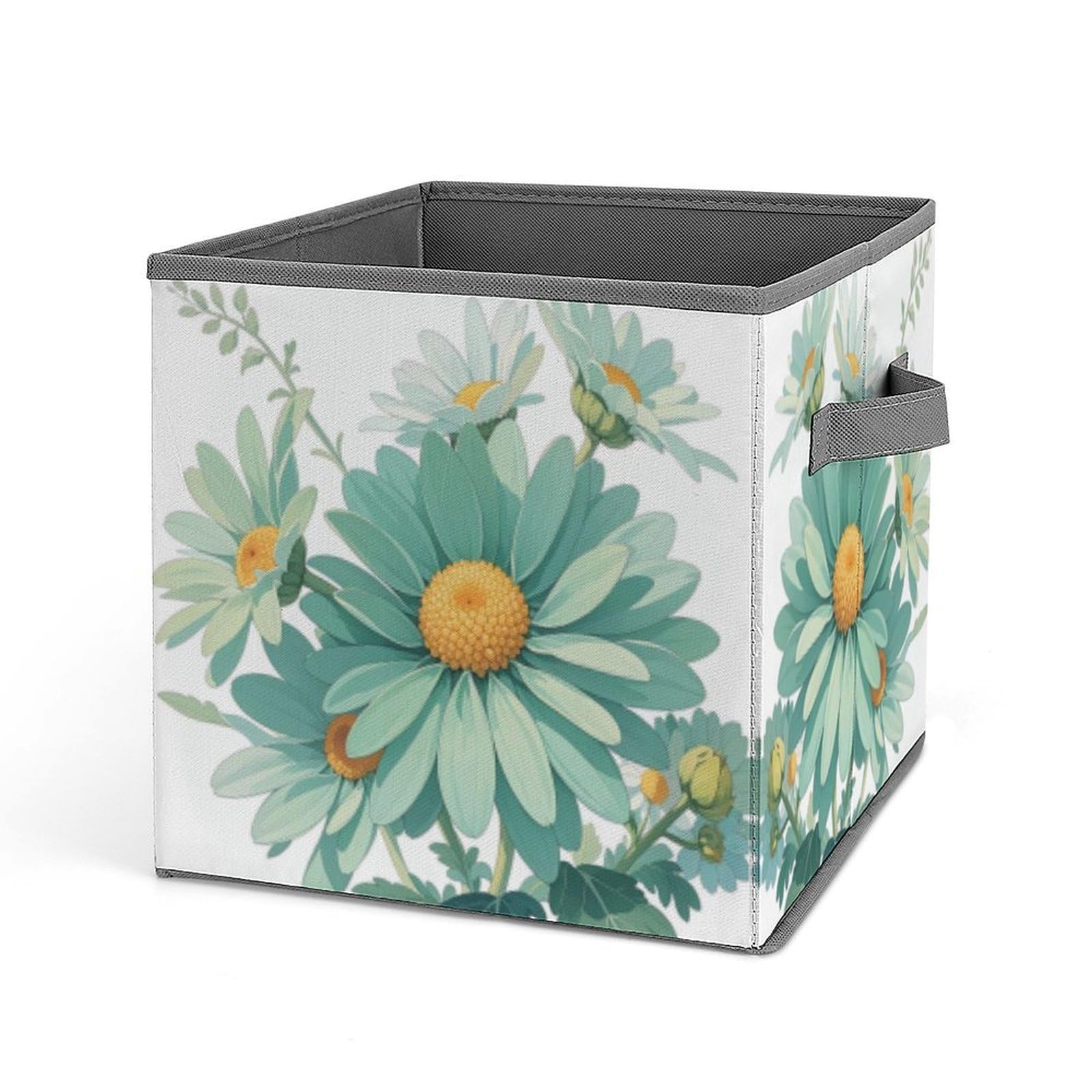 FekiLoot Mint Green Watercolor Daisy Folding Storage Bins with Handles Large Fabric Storage Cube Storage Organizer Heavy Duty Closet Organizer Sturdy Collapsible Bin Foldable Baskets