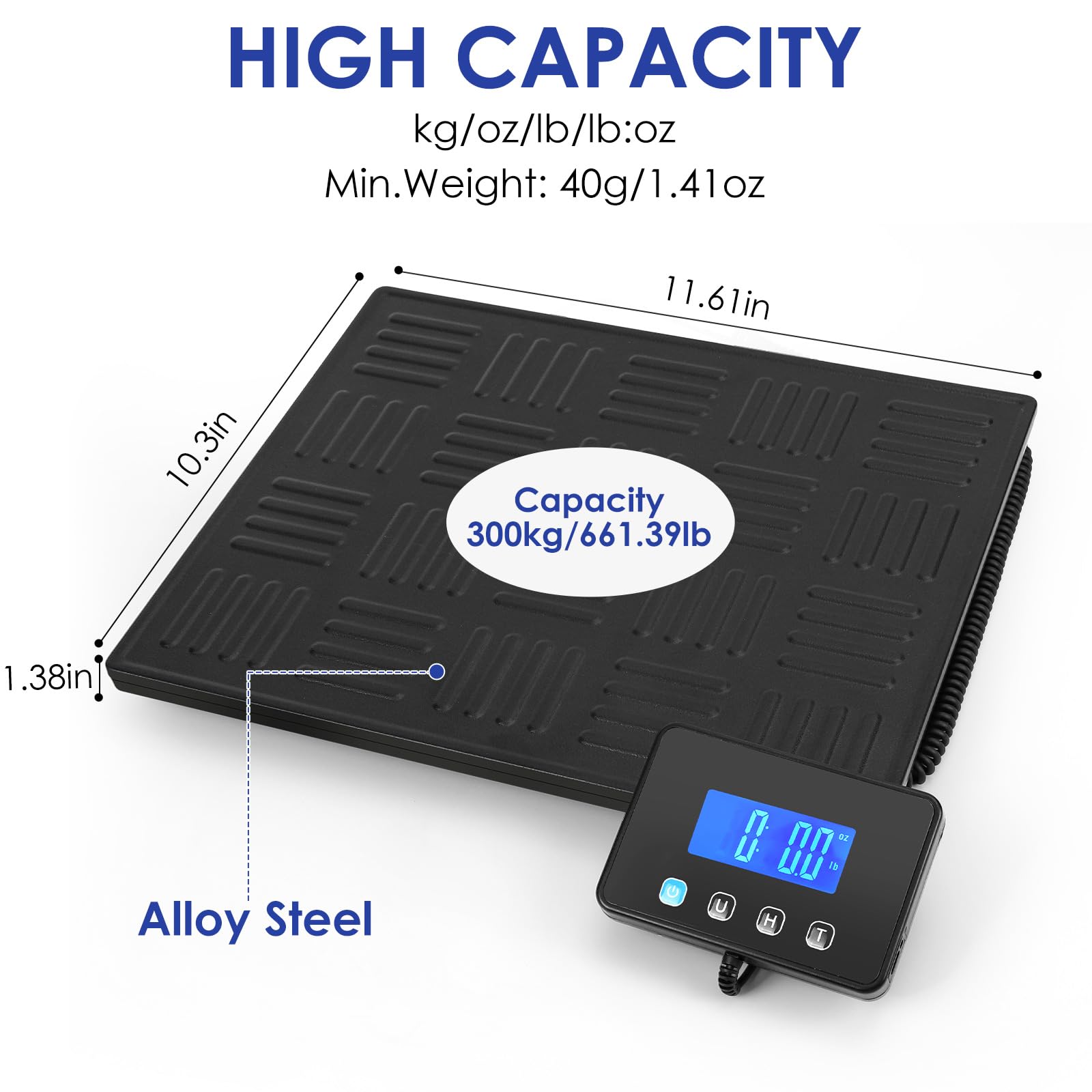 Báscula Digital, 50g-300kg Balanza Postal, Balanza de Envíos con Función de Retención y Tara para Paquetes Equipaje de Almacén, Plataforma de Aleación Duradera, Pantalla LCD Externa