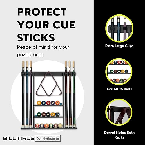 Miniatura 2 de Pool Cue Rack - Pool Stick Holder Wall Mount With 16 Ball Holders & 6 Pack Of Chalk - Rubber Circle Pads & Large Clips Prevent Damage - Billiard