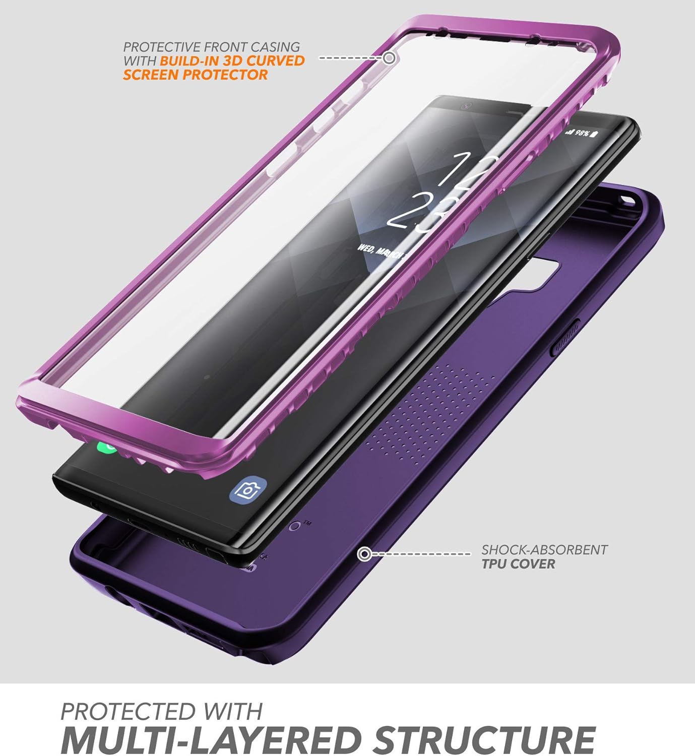 Clayco Compatible with Case for Samsung Galaxy Note 9 (2018 Release) 5G 360 Degree Mobile Phone Case Rugged Protective Bumper Case Full Cover with Built-in Screen Protector (Purple) - Image 2