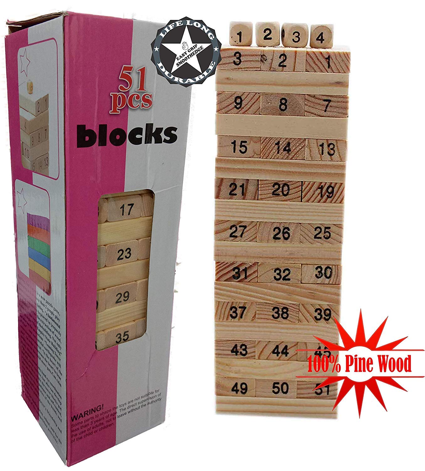 ABODH Fine Pine Wooden Jenga Blocks Game with 4 Dice for Kids and Adults (51 Pieces)