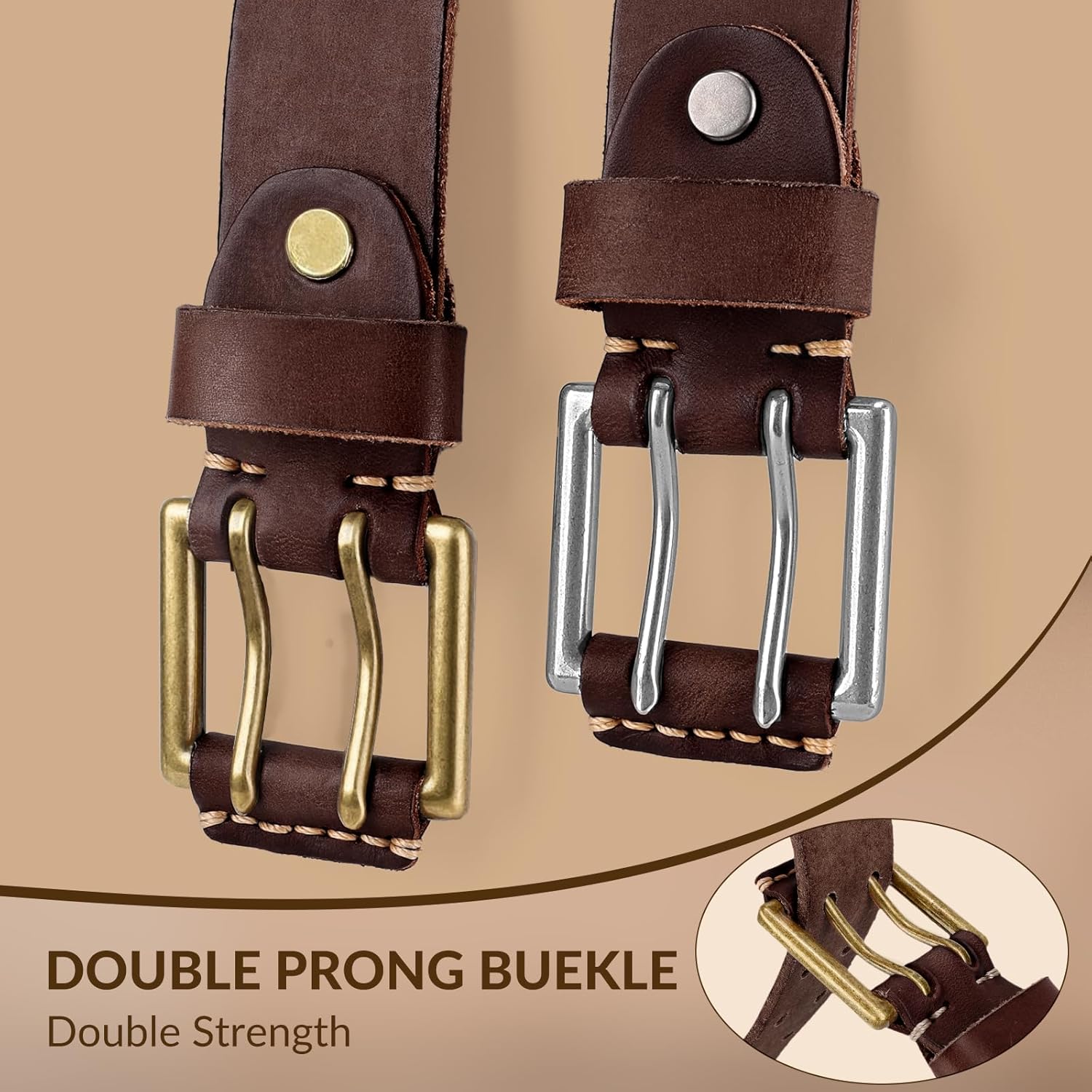 Real Leather Belts for Men Work Heavy Duty Double Prong Men's Belt Jeans Casual Mens Belts Leather Christmas Gifts - Image 4