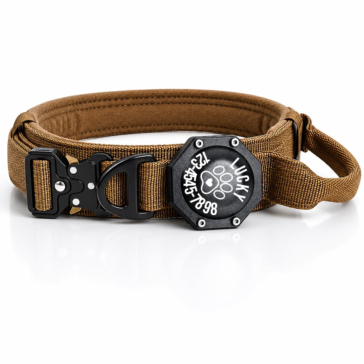 DOGLED Personalized Phone Nr and Name Tactical AirTag Dog Collar, 100% Waterproof Adjustable Military Training Nylon Dog Collar with Control Handle