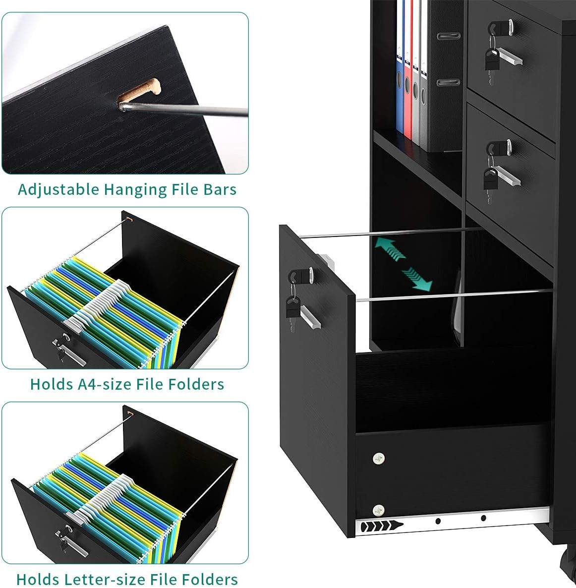 YITAHOME Wood File Cabinet, 3 Drawer Mobile Lateral Filing Cabinet, Storage Cabinet Printer Stand with 2 Open Shelves for Home Office Organization, Black : Office Products