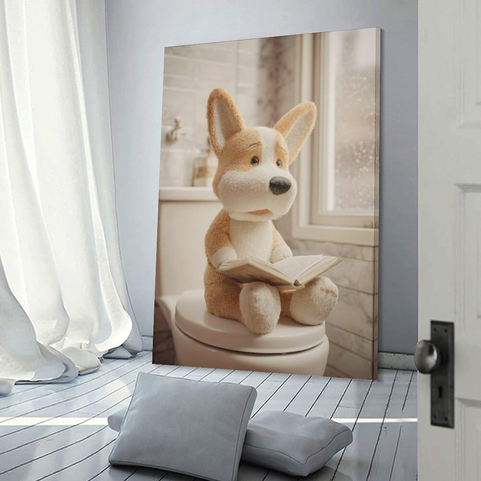Junmoney Frame-Style-13 Canvas Wall Picture Corgi Reading On Toilet, 24X36inch(60X90cm), For Home Lounge, Bedroom Or Reading Nook, A Home Accent With Warm Character