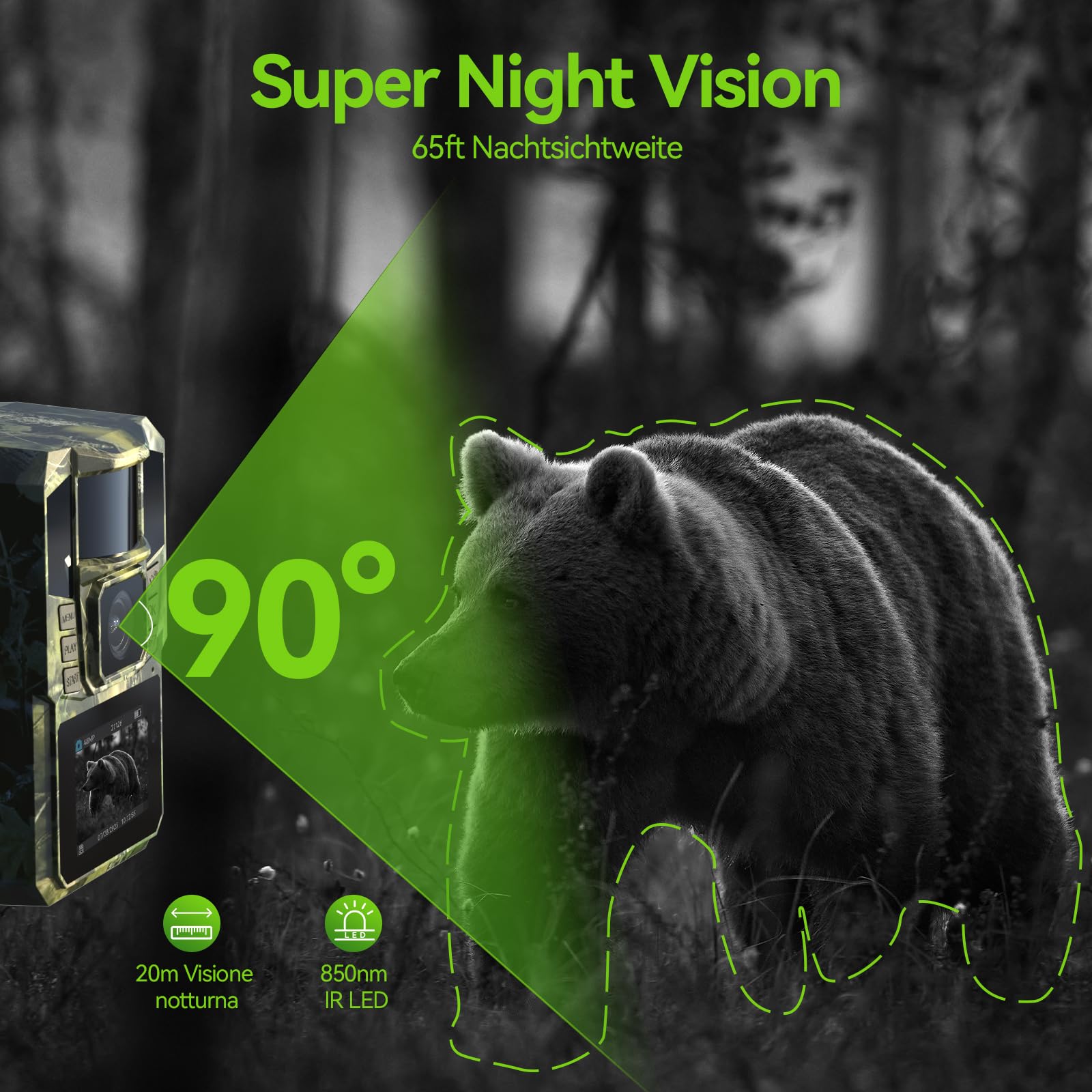 WLAN Solar Wildkamera 4K 48MP mit Handyübertragung APP, Wildtierkamera mit Nachtsicht Bewegungsmelder Eingebaute 5200mAh Lithium-Batterie,64GB SD Karte, 0.1s Auslöser Bewegungsaktiviert, IP65