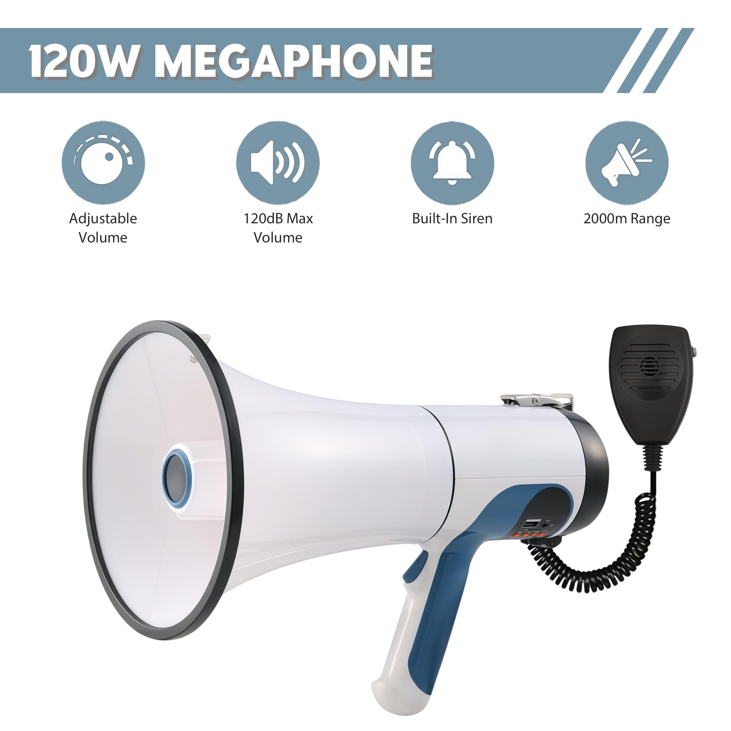 Megáfono Transportable 120 W, Alcance Máximo 2000m