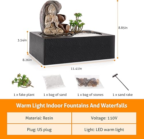 Miniatura 6 de WICHEMI Fuente de agua para interiores, fuente de agua, fuente de mesa, fuente de Buda de jardín zen con luz LED cálida para oficina, hogar y
