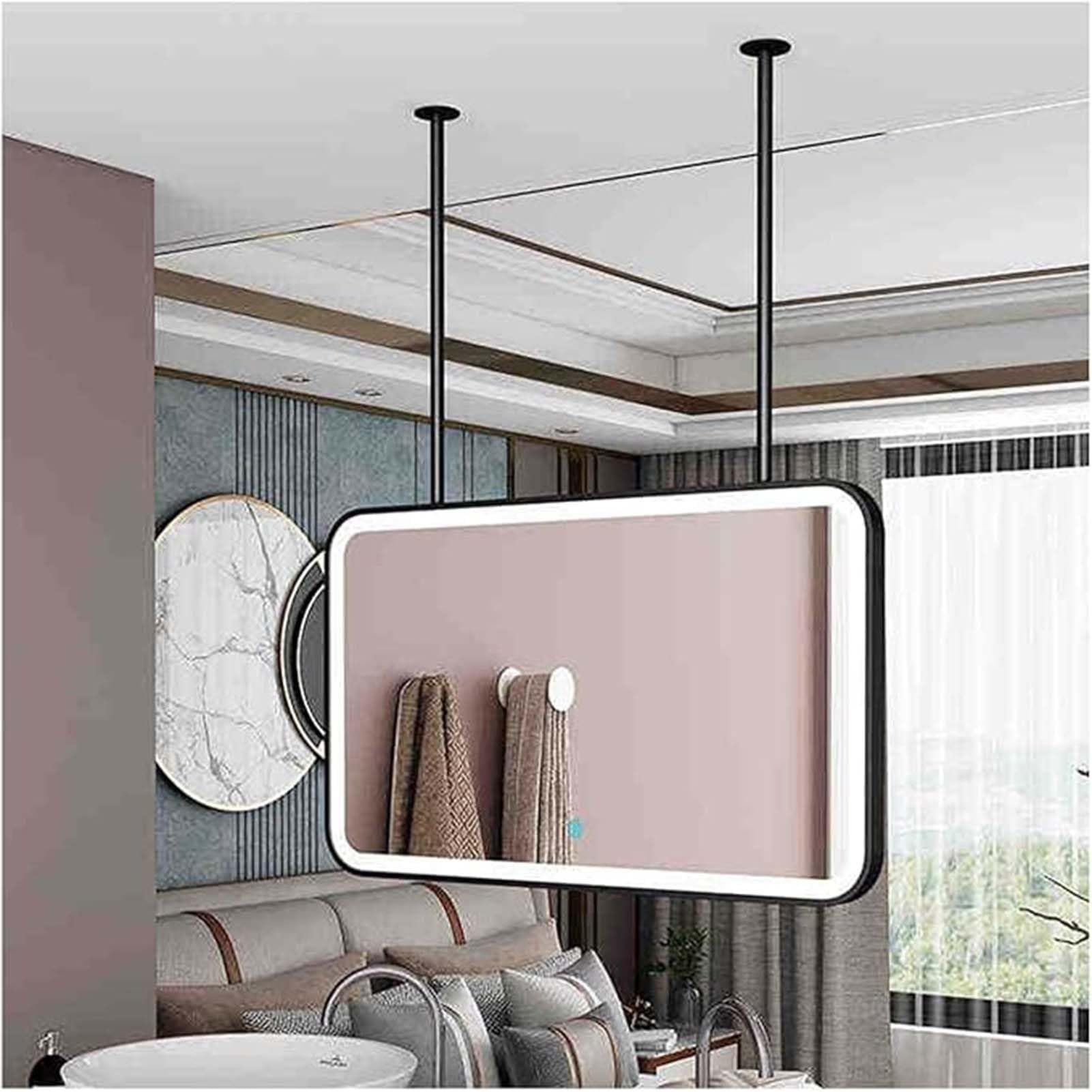 Lustro wiszące sufitowe z oświetleniem LED, lustro łazienkowe z oświetleniem LED, prostokątne lustro wiszące sufitowe, metalowa rama, lustro toaletkowe do golenia i makijażu (czarne, 100 x 7