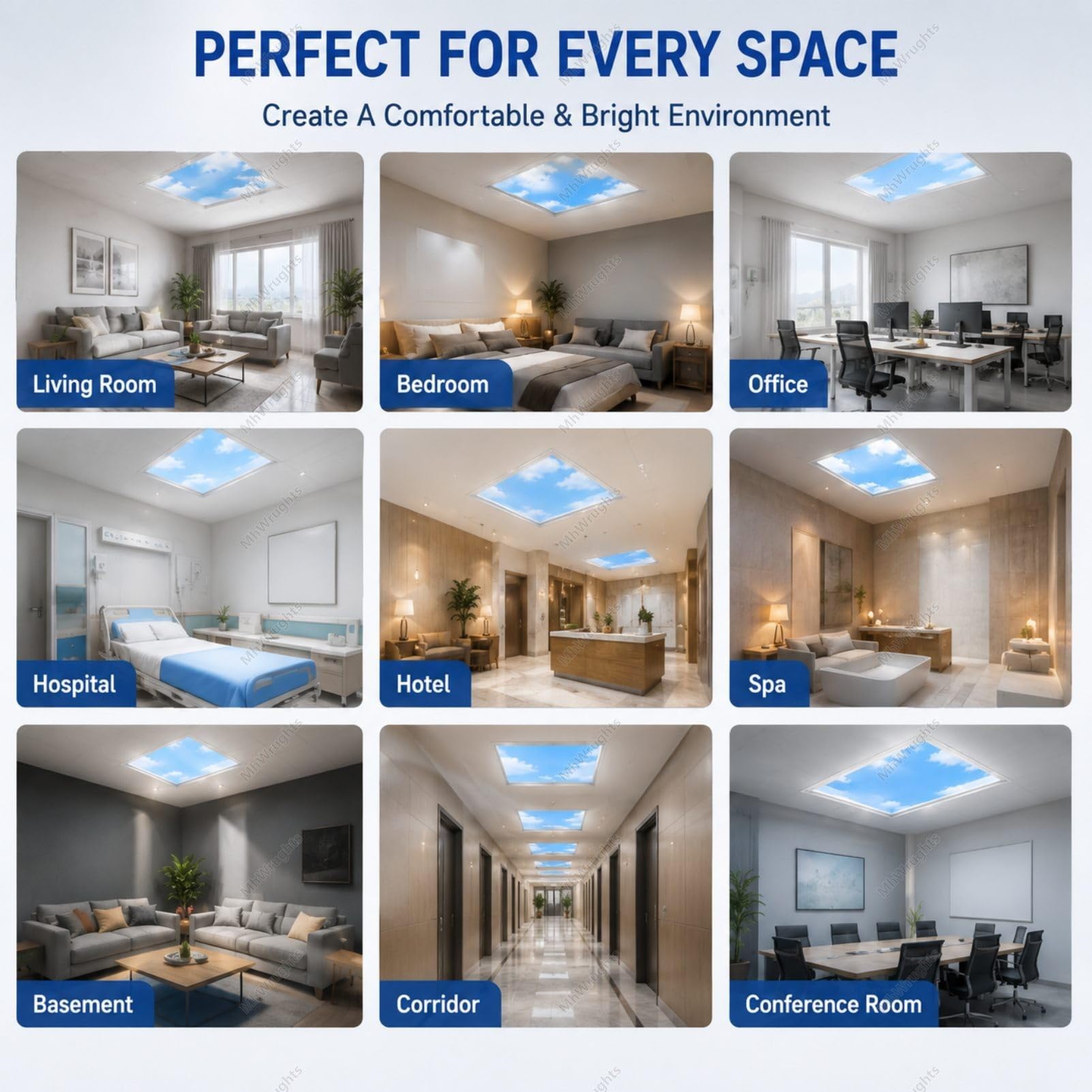 Lámpara de Techo con Efecto tragaluz Artificial, Panel LED Azul con simulación de luz Natural, Efecto de luz Solar Regulable y Control Remoto, para Sala de Estar Sky-30 * 120Integrated