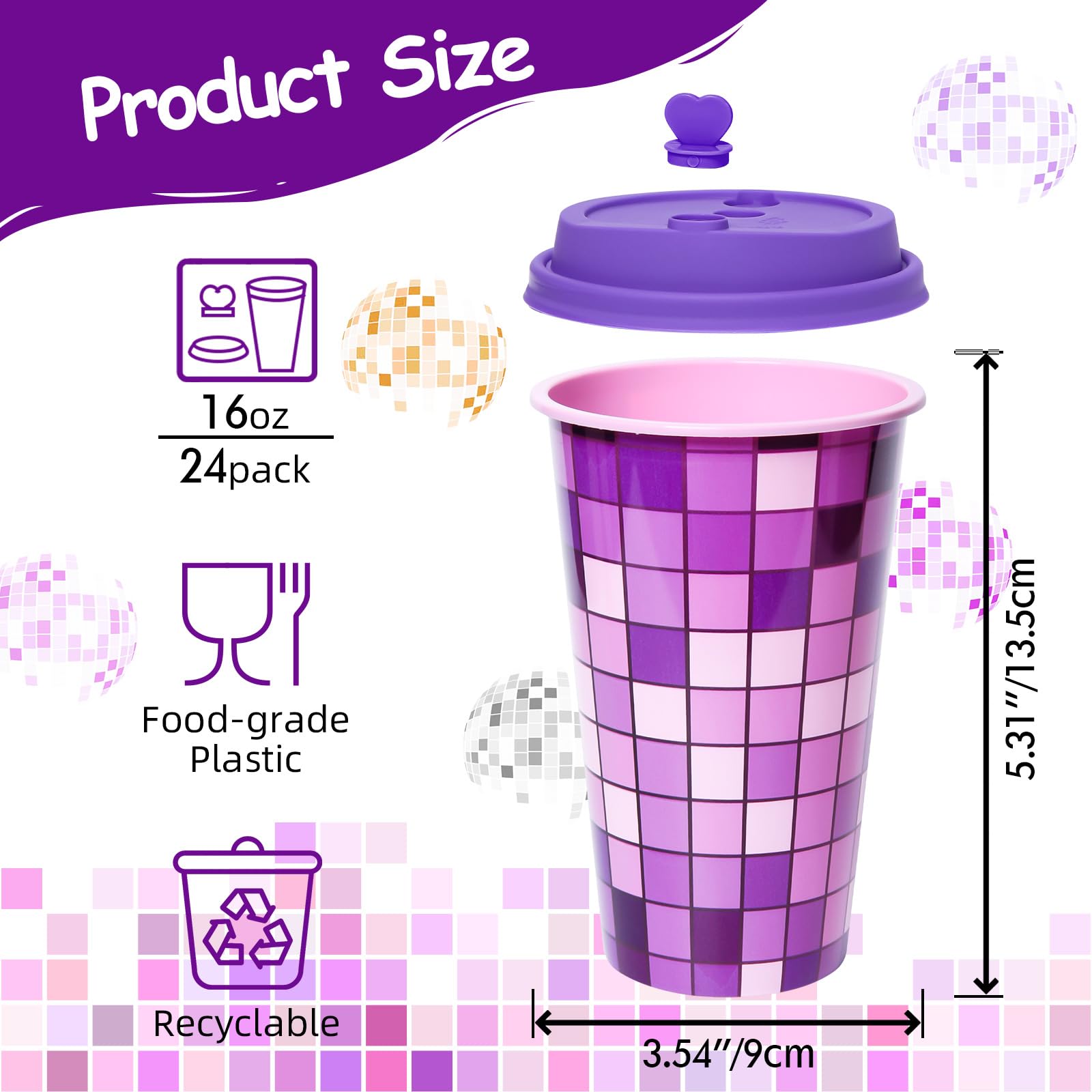 FZR Legend Disco Party Favors Goodie Cups, 24 Pack Decorations in 4 Colors, 16OZ Reusable 70s 80s Bachelorette Supplies With Lids and Plugs