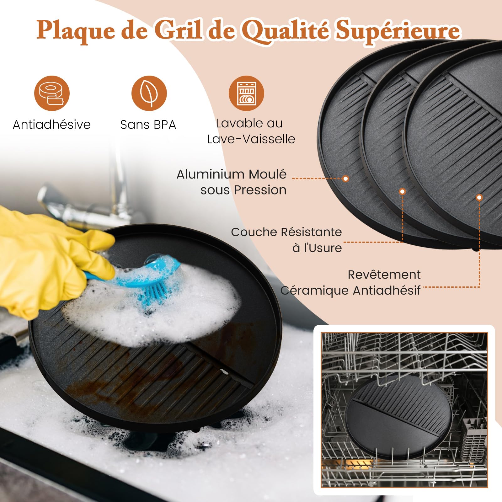 COSTWAY Barbecue Electrique Extérieur 1200 W, Plaque de Cuisson Antiadhésive à 2 Zones Température Réglable Support Amovible Etagère à Condiments, pour Balcon Terrasse Jardin