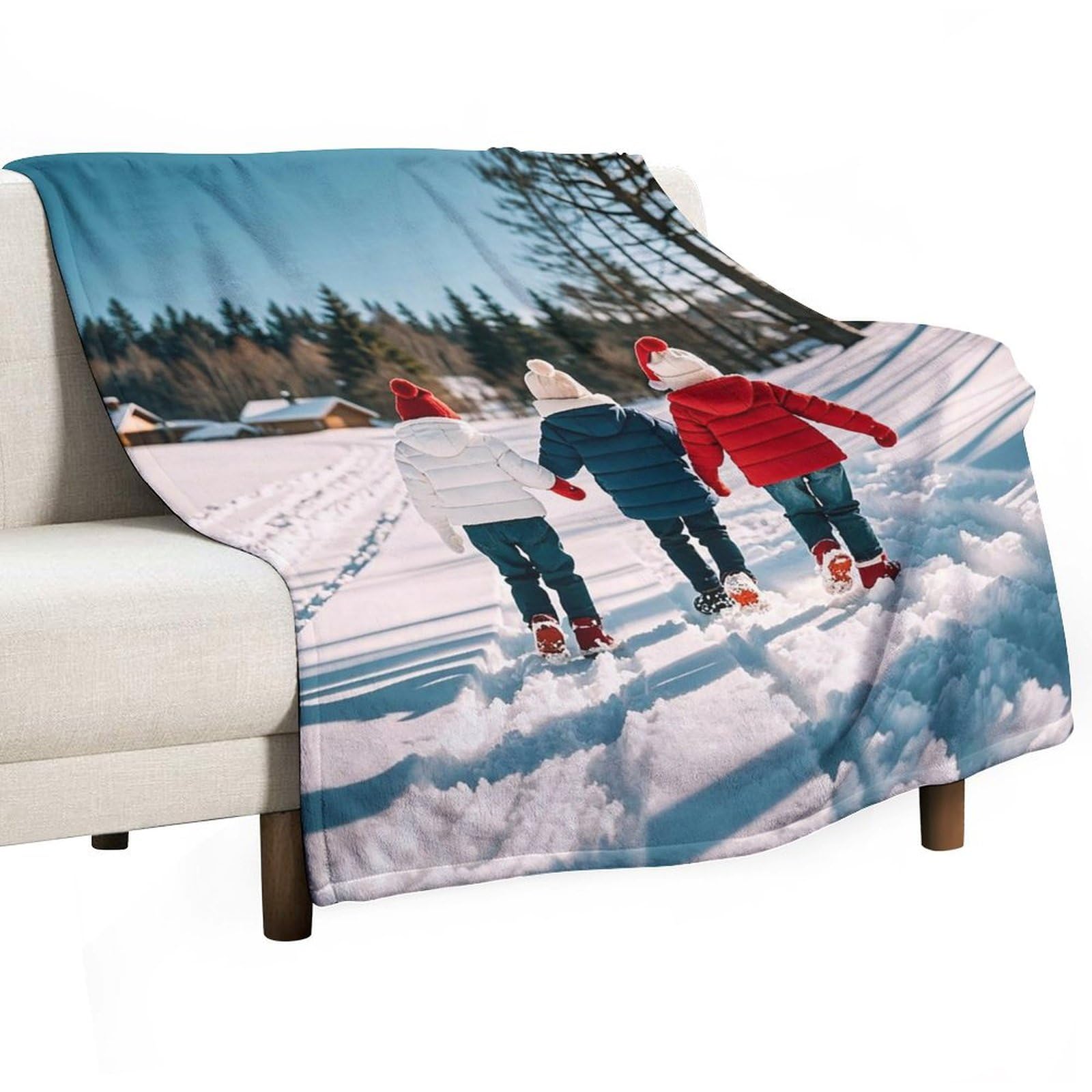 Couverture flanelle enfants jouant dans la neige plaid doux 177x203