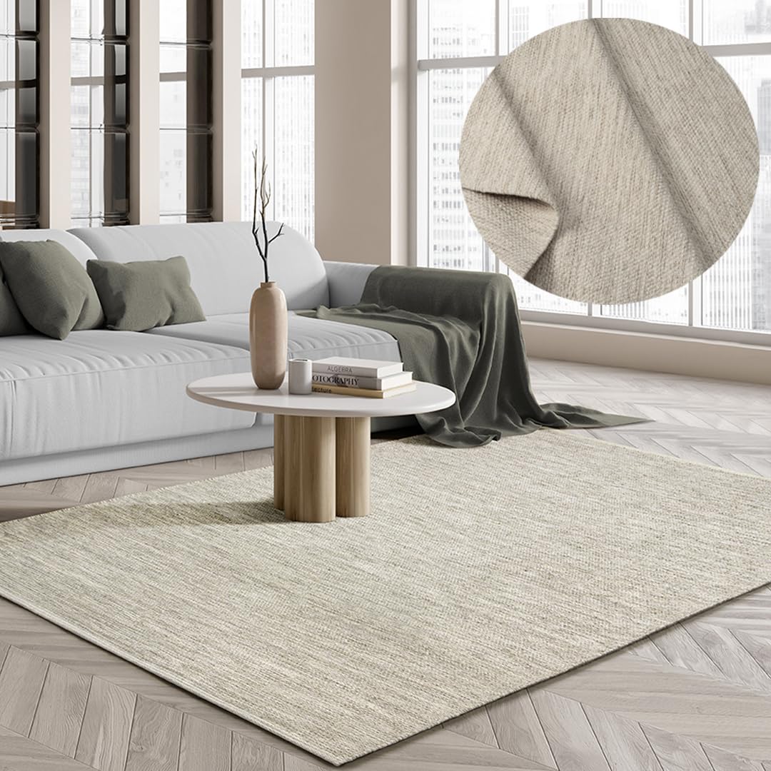 the carpet Boho Natur Wool Tappeto in lana intrecciato a mano in un look boho scandinavo naturale, fatto a mano per uno stile unico, beige crema, 120 x 170 cm