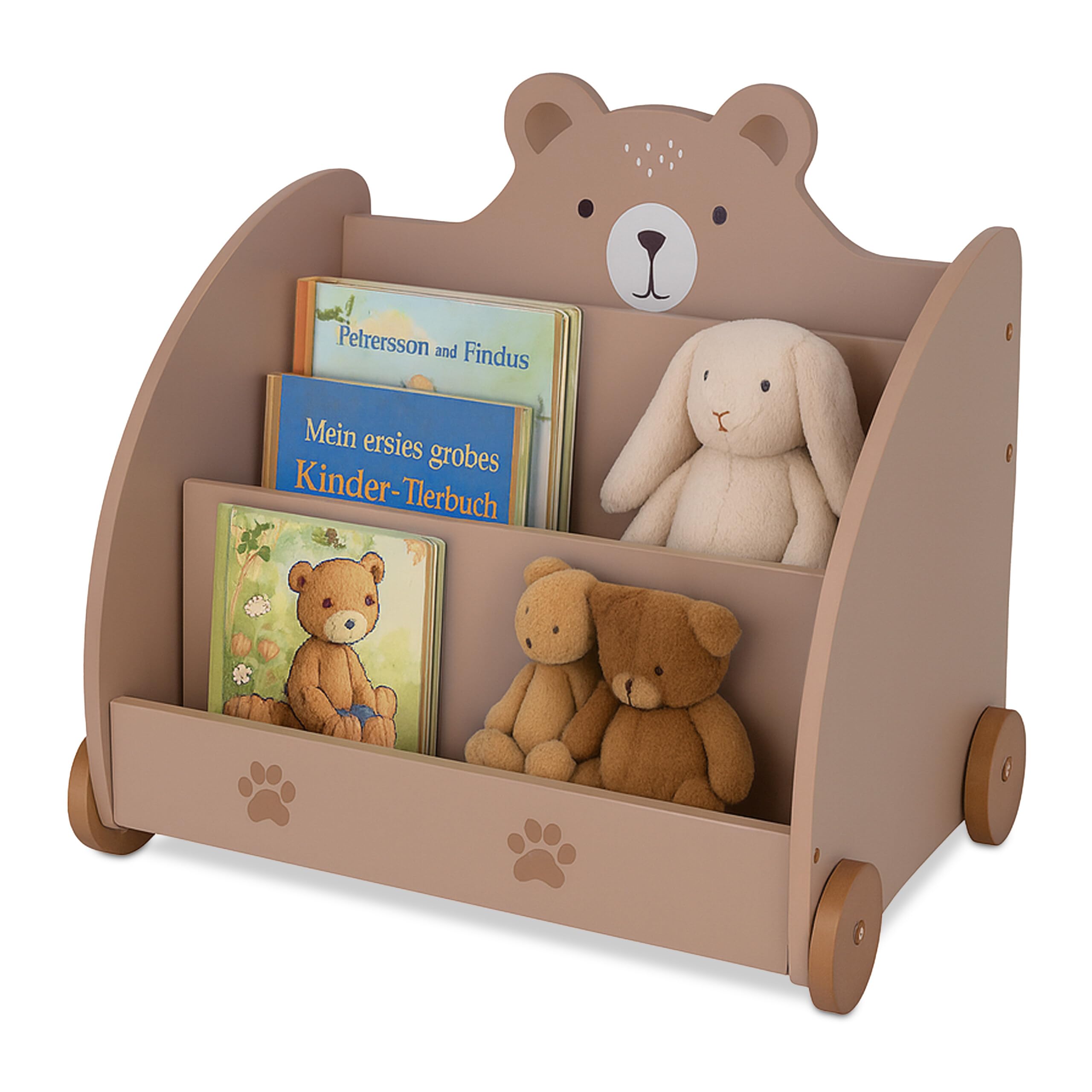Estantería Relaxdays para niños, diseño de Osos, HBT: 58 x 60 x 40 cm, con Ruedas, Esquinas Redondeadas, MDF, marrón