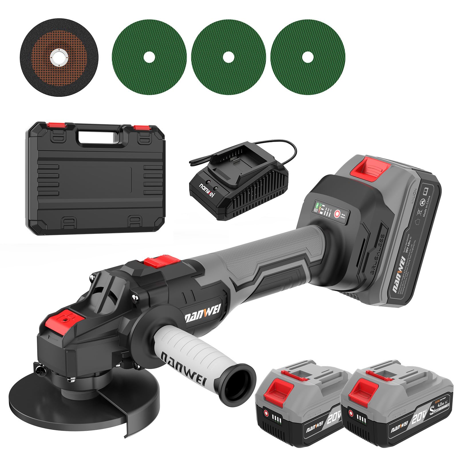 NANWEI Cordless Angle Grinder, 100mm Angle Grinder with 2×4.0Ah Batteries and Charger, Power Tools with Side Handle and Discs, 3-Speed Mode (with Batteries)