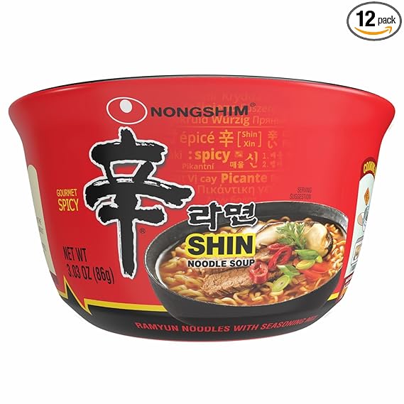 Nongshim Ramen Noodles, Gourmet Instant Ramen bowl, Premium Microwavable Noodle Soup, Spicy Shin, 3.03 Ounce (Pack of 12)