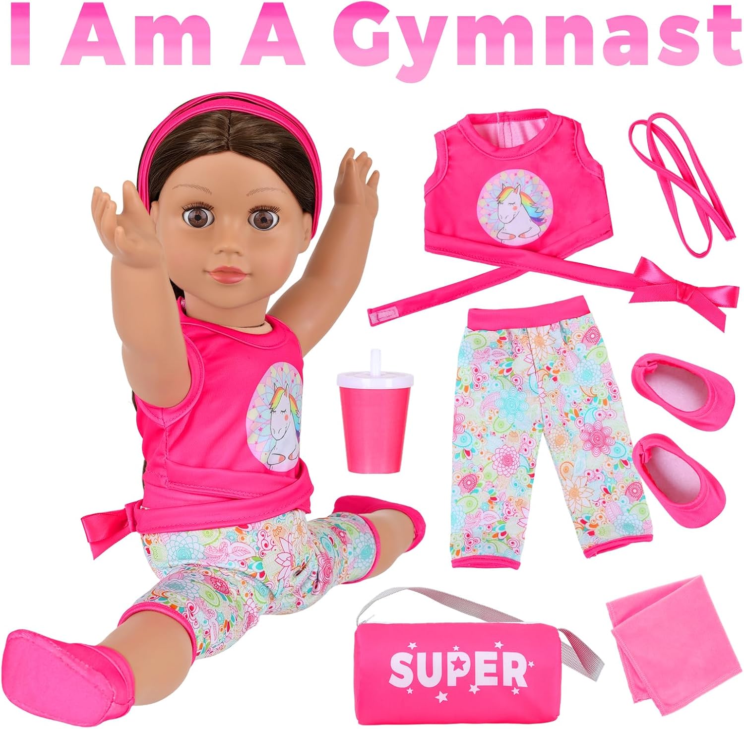 American 18 inch Doll 7-Piece Gymnastics Doll Yoga Outfit Set , Pink Pony Design with Accessories, Sports Bag and Headband (Dolls NOT Included)