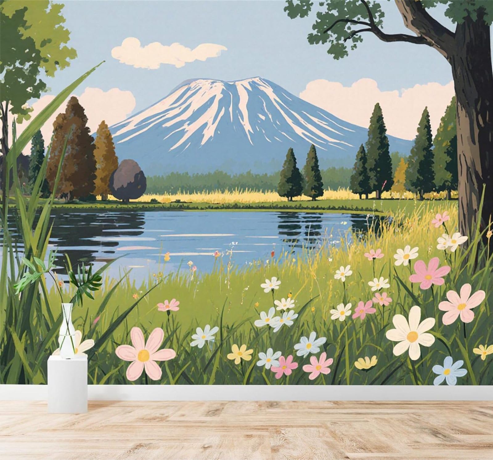 XLMING Fresh Snow Capped Mountains Lakes Pine Trees Flowers 3D Wallpaper Silky Texture Home Study Office Grey Dining Room Sofa Bedroom Living Room TV Backdrop-400cm×280cm