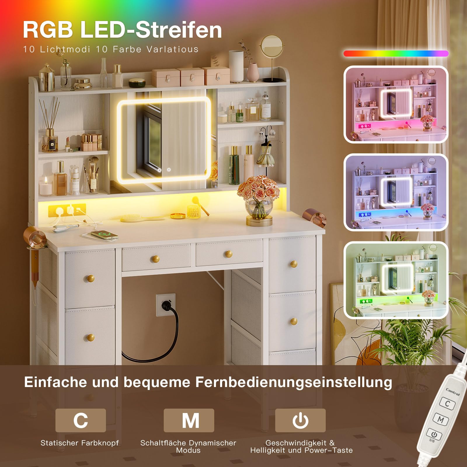 ODK Schminktisch mit Bewegbarem LED-Spiegel, Eingebauten USB-Steckdosen & RGB-Lichtleiste, 8 Schubladen, Weißer Schminktisch 110×40×137cm