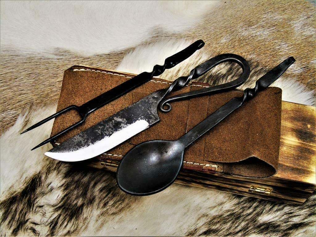Set di posate medievali, in acciaio forgiato a mano, 3 pezzi, in acciaio al carbonio 1095, con fodero in pelle 4209