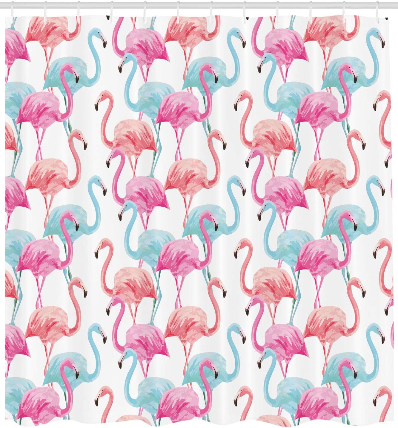 Ambesonne Watercolor Shower Curtain, Flamingos in Many Colors Hand Drawn Bird Exotic Animals Illustration, Cloth Fabric Bathroom Decor Set with Hooks, 69" W x 75" L, Pale Blue Salmon Pink