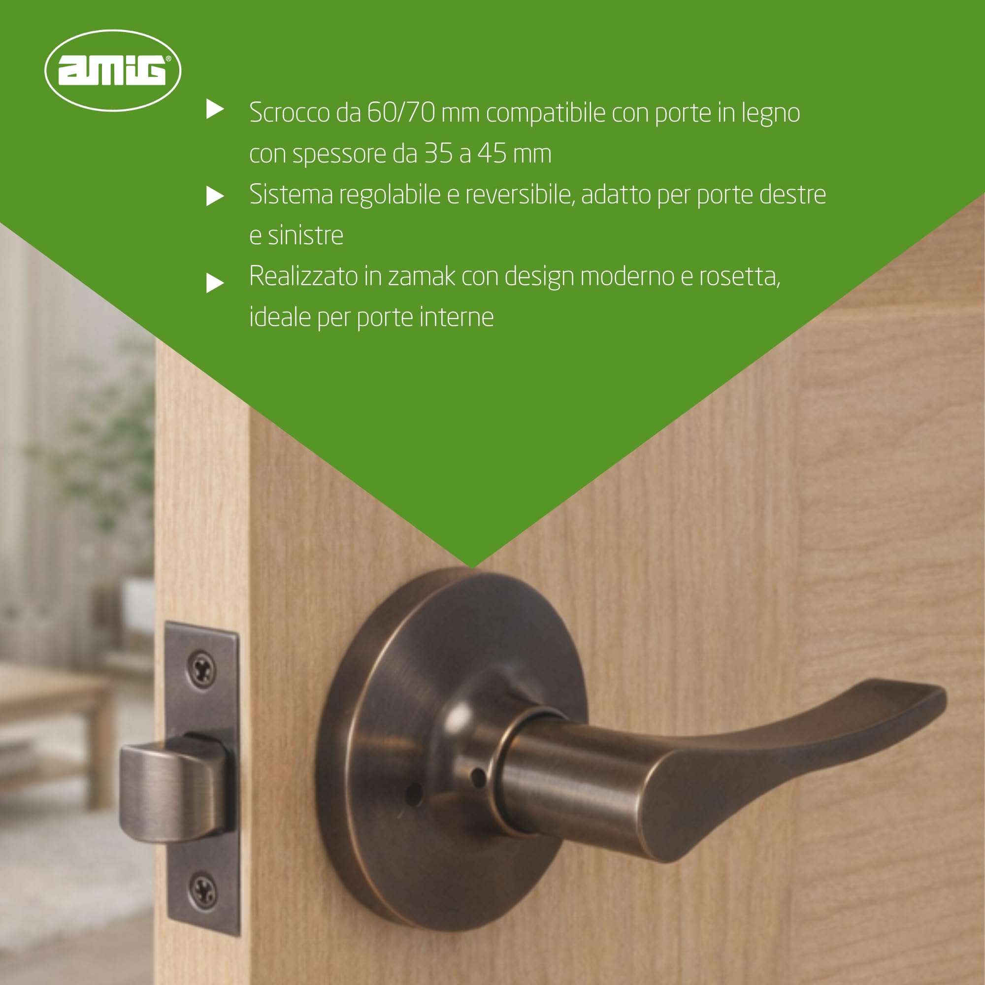 Amig - Maniglia di Passaggio con Scrocco - Scrocco da 60/70 mm - per Porte in Legno da 35 a 45 mm - Maniglia con Rosetta - Regolabile e Reversibile - Pelle - Zamak - Mod. 711