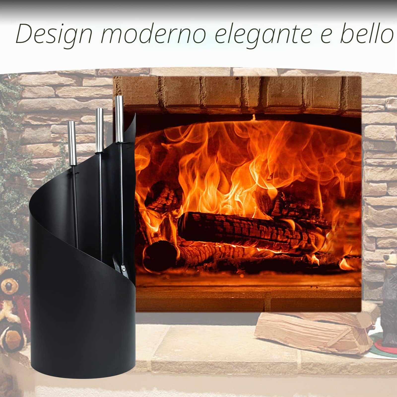 YRHome Set di 4 attrezzi per camino in acciaio inossidabile, set per camino, accessori per camino con attizzatoio, paletta per camino, paletta per cenere, supporto in acciaio con manici in acciaio
