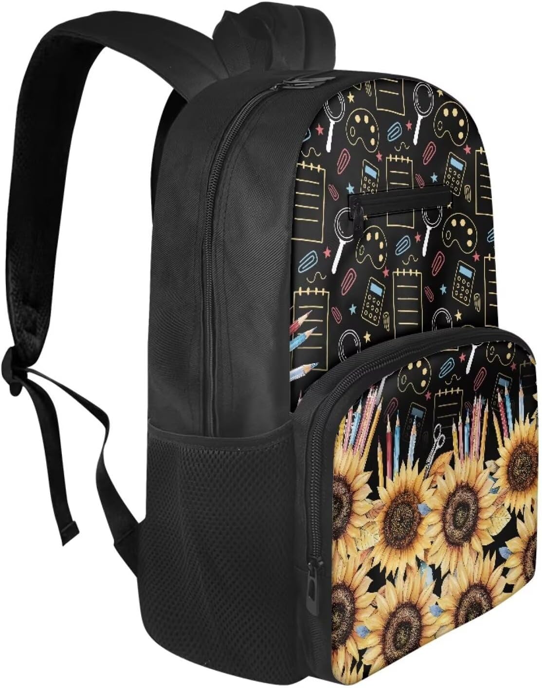 Sunflower Stationery Print School Backpack for Teens, Durable Polyester Backpack, 16.9 In Lightweight Design, Multiple Compartments, Side Mesh Pockets for Study & Travel Adventures