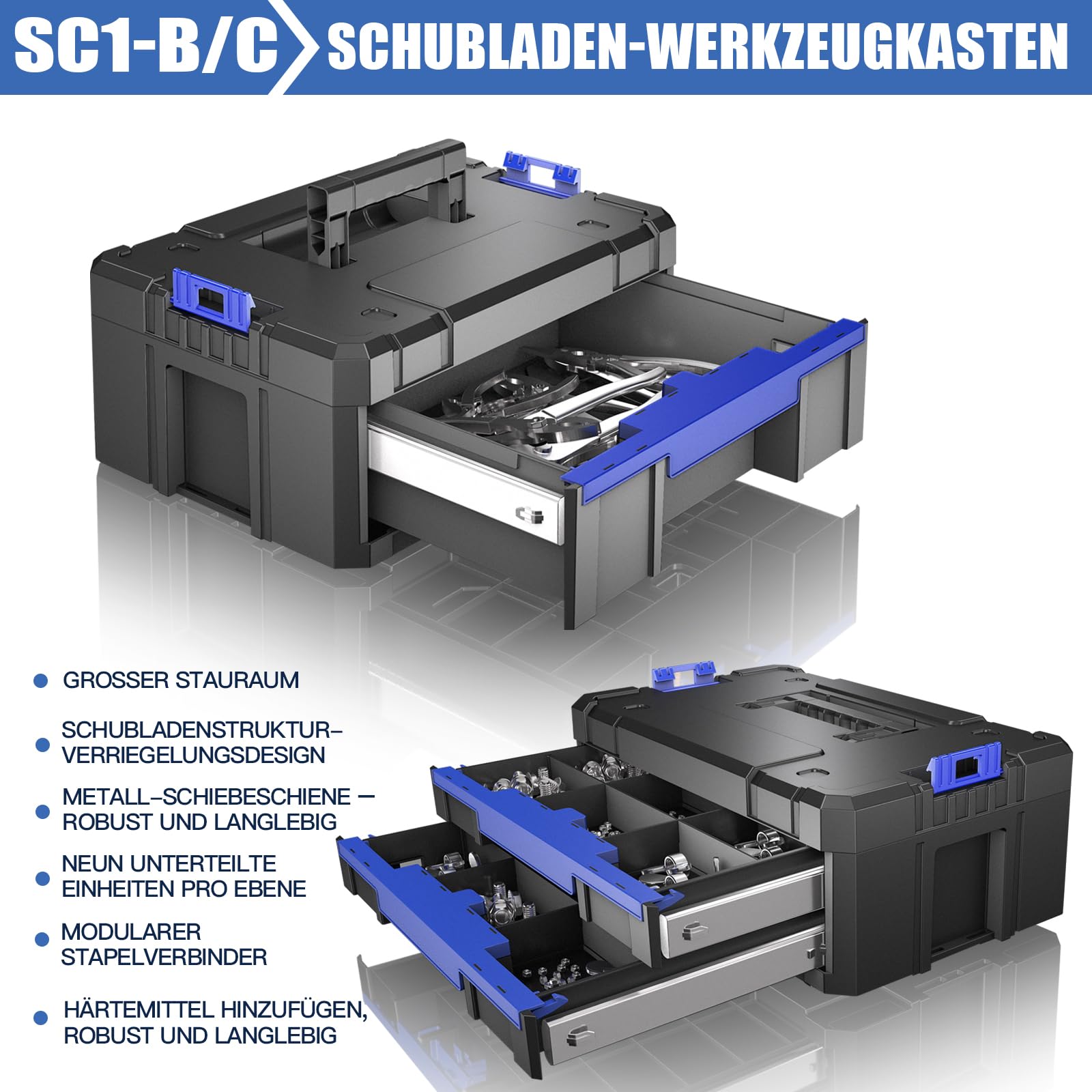 5-Lagiger Werkzeugkoffer Leer mit Rollen,Modularer,Stapelbarer Werkzeugkiste,Tragbarer Werkzeugkasten Leer mit Schublade,Robust und Langlebig,der Garage,Hausreparaturen und Professionelle Einsätze