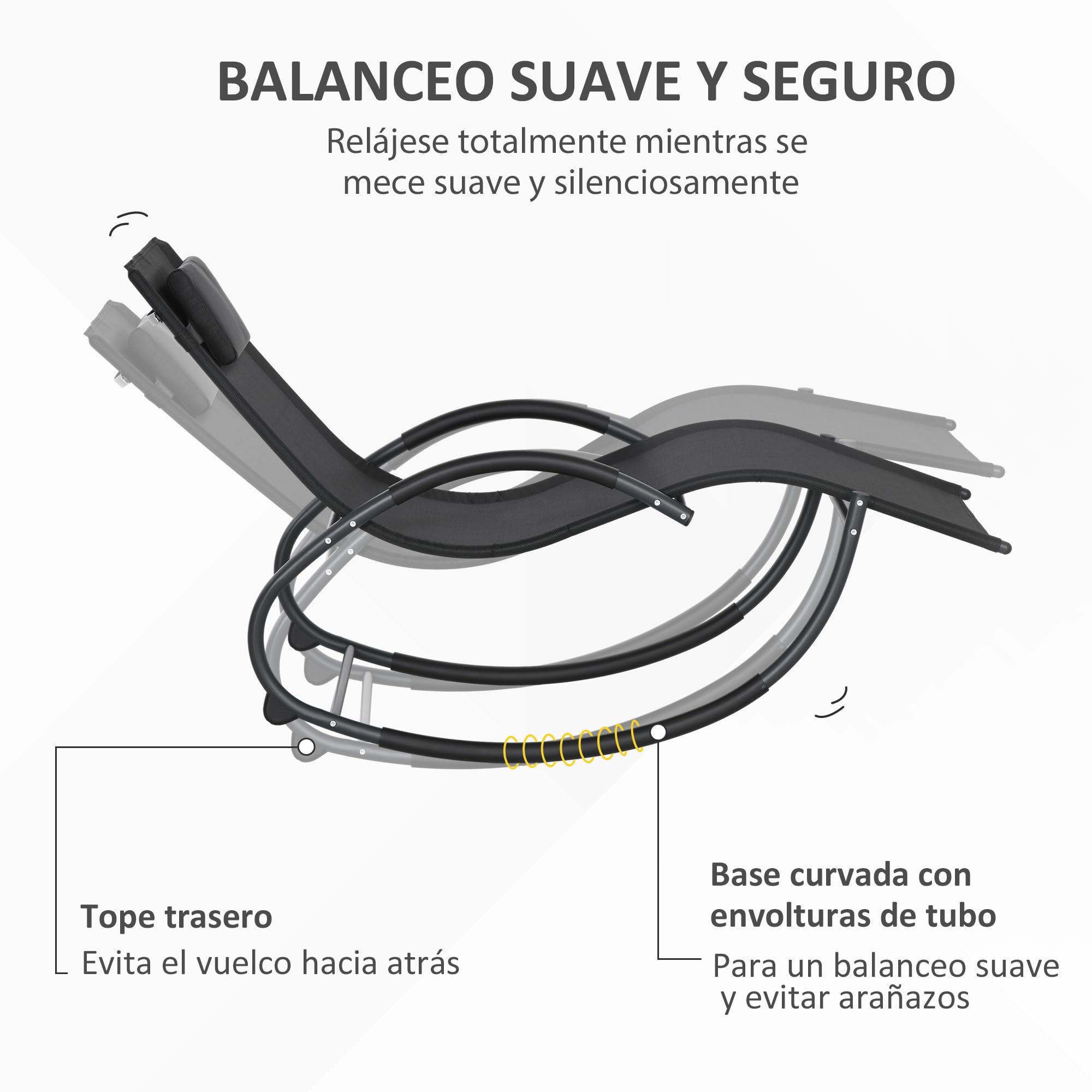Outsunny Mecedora de Exterior Tumbona Mecedora con Reposacabezas Reposabrazos y Marco Metálico Carga 120 kg para Interior y Exterior 155x61x88 cm Negro