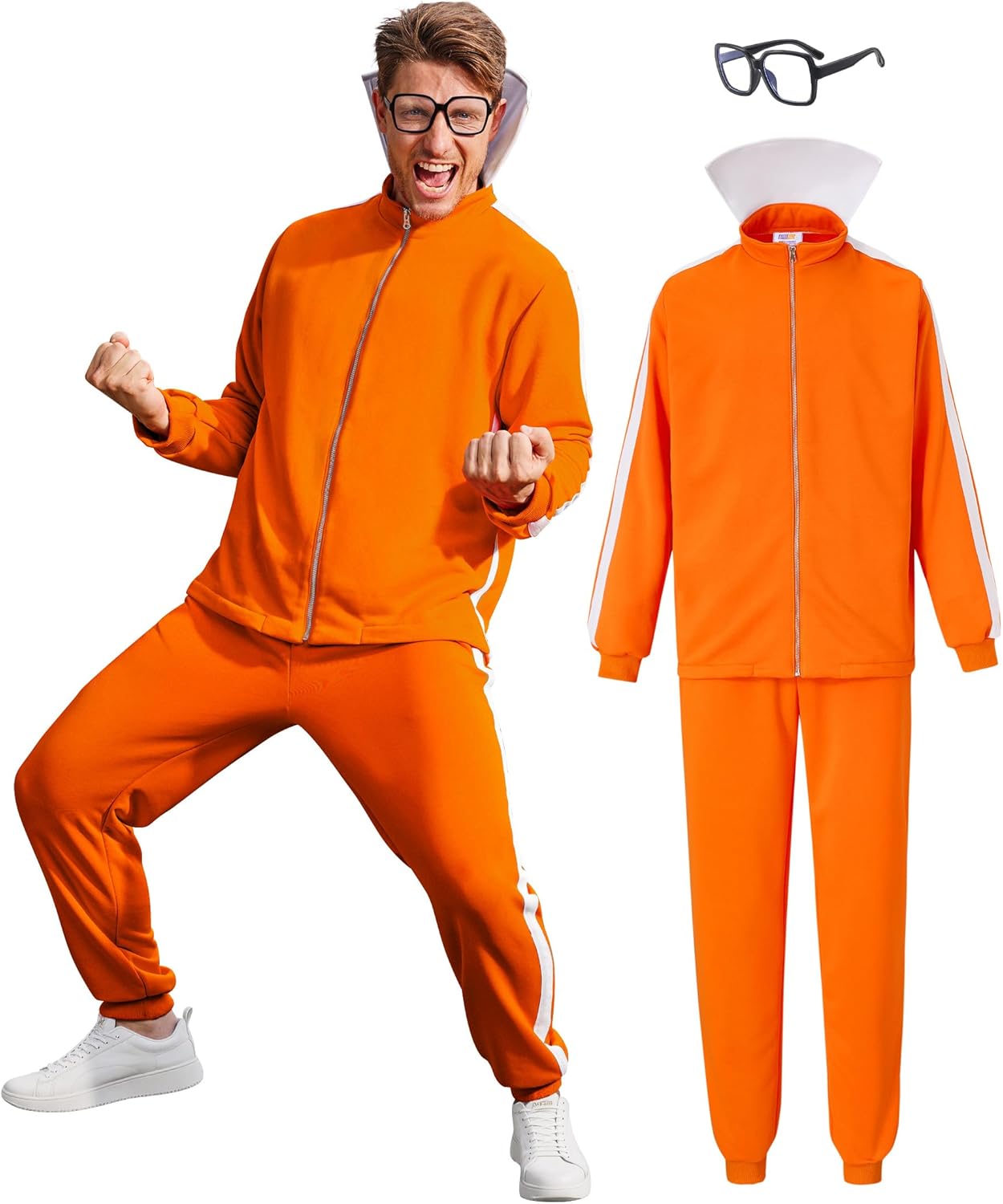 Arvilhill 3 Pcs Men's Inventor Villain Costume Halloween Party Adult Orange Sports Suit With Pants Glasses (S-3XL)