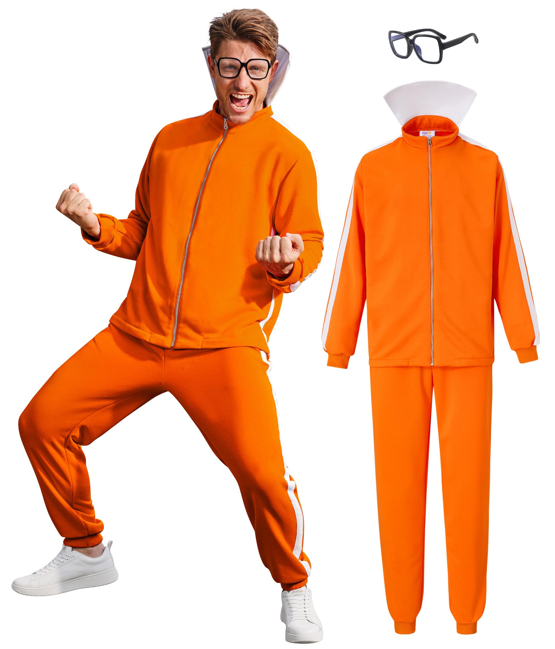 Arvilhill 3 Pcs Mens Inventor Villain Costume Halloween Party Adult Orange Sports Suit With Pants Glasses S-3XL