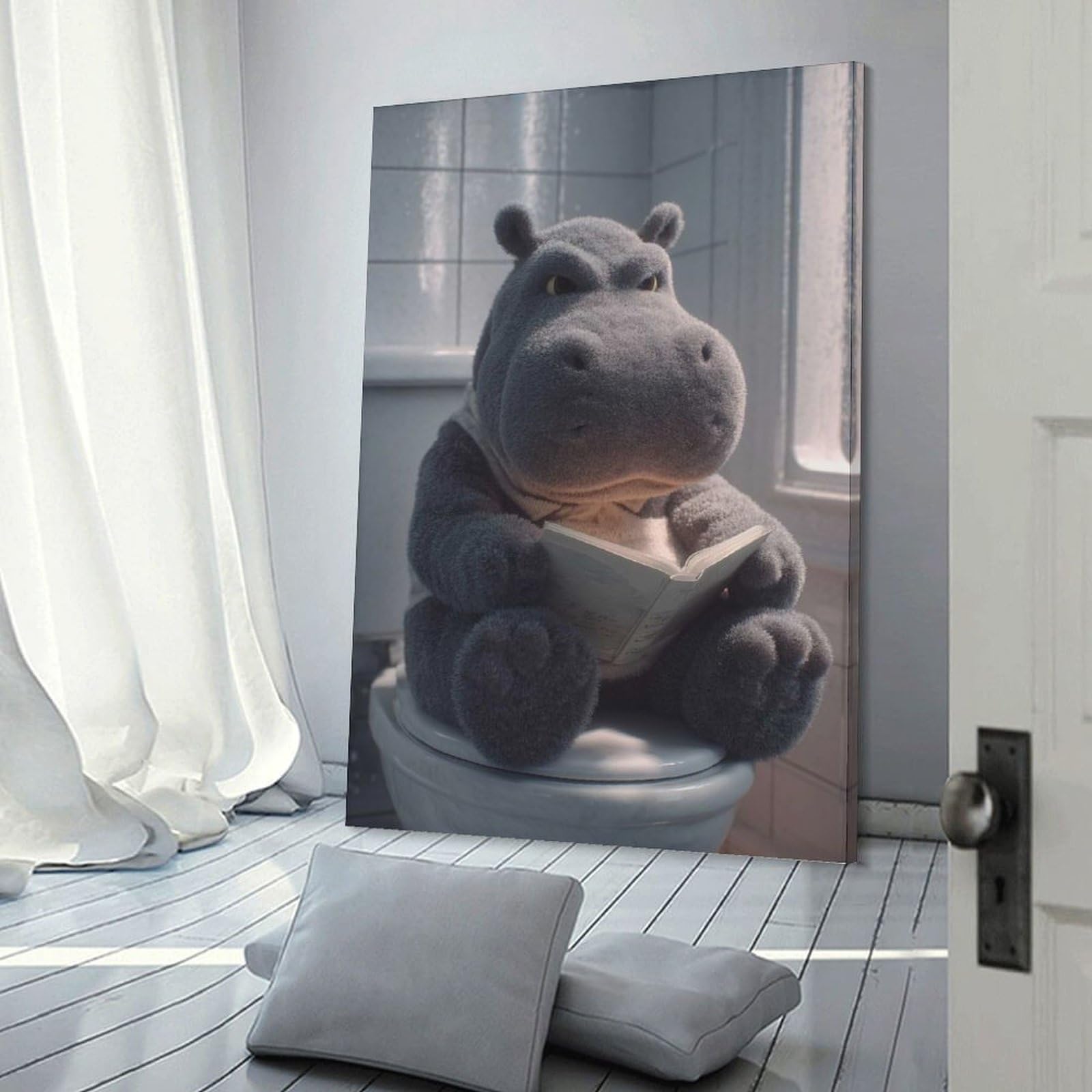 Junmoney Hippo Reading on A Toilet Hanging Wall Art, 12x18inch(30x45cm), for Gallery Wall Decor And Room Displays, Home Wall Art for Statement Displays