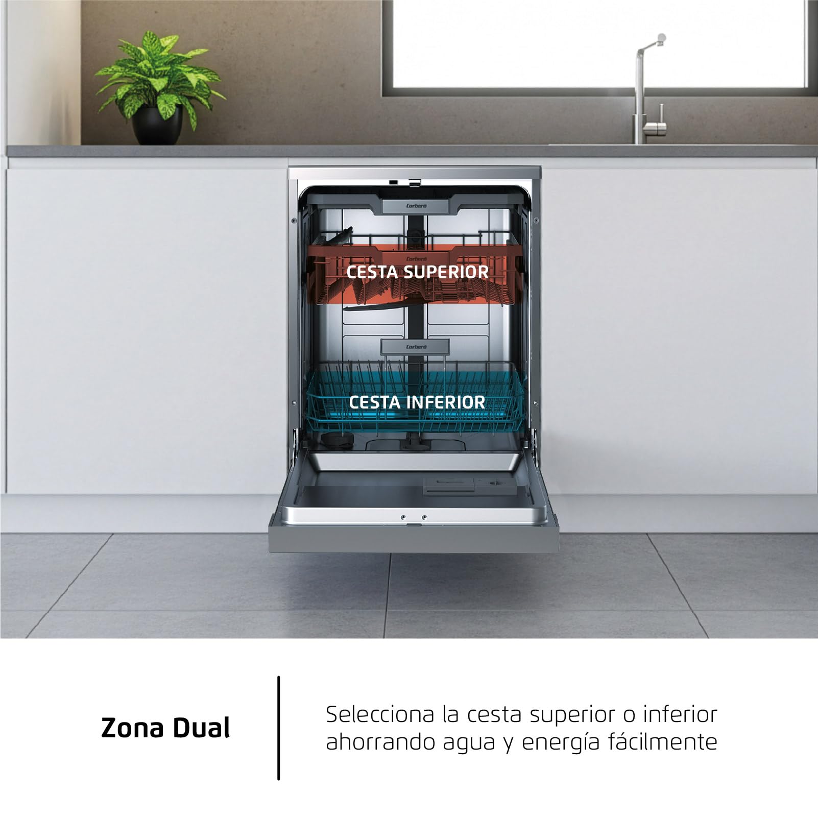 Corberó - Lavavajillas Excellence 60cm | CLVG91536X | 15 cubiertos | 6 programas | 4 Temperaturas | Display LED | Tercera Bandeja | Autoapertura y Zona Dual | Compatible con tablets 3 en 1 | Inox