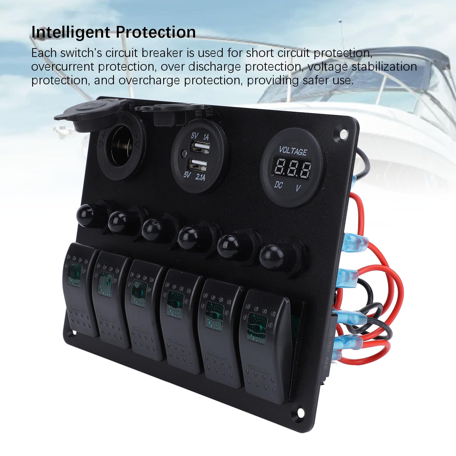 Generic Panel Przełączników Kołyskowych 6-krotny z ładowarką USB i Woltomierzem do łodzi, Pojazdów Kempingowych, SUV-ów, Trwała Konstrukcja ze Stopu Aluminium (zielone światło)