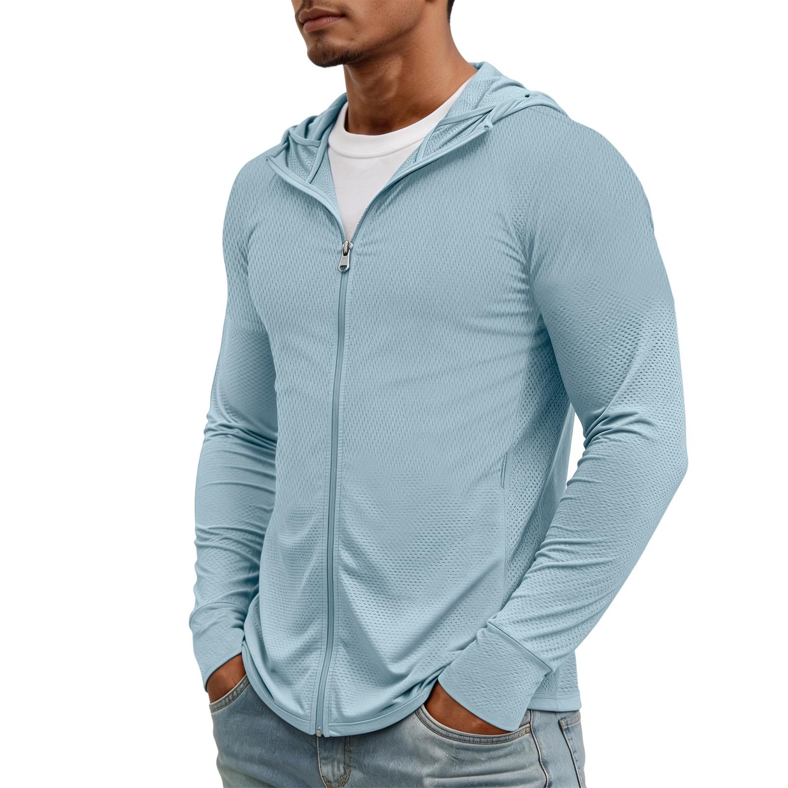 Tshirt Anti UV Homme avec Capuche Manche Longue Pas Cher Sport Respirant Outdoor Été Tee Shirt Anti UV Homme Running Peche Rafraichissant Randonnée Vetement
