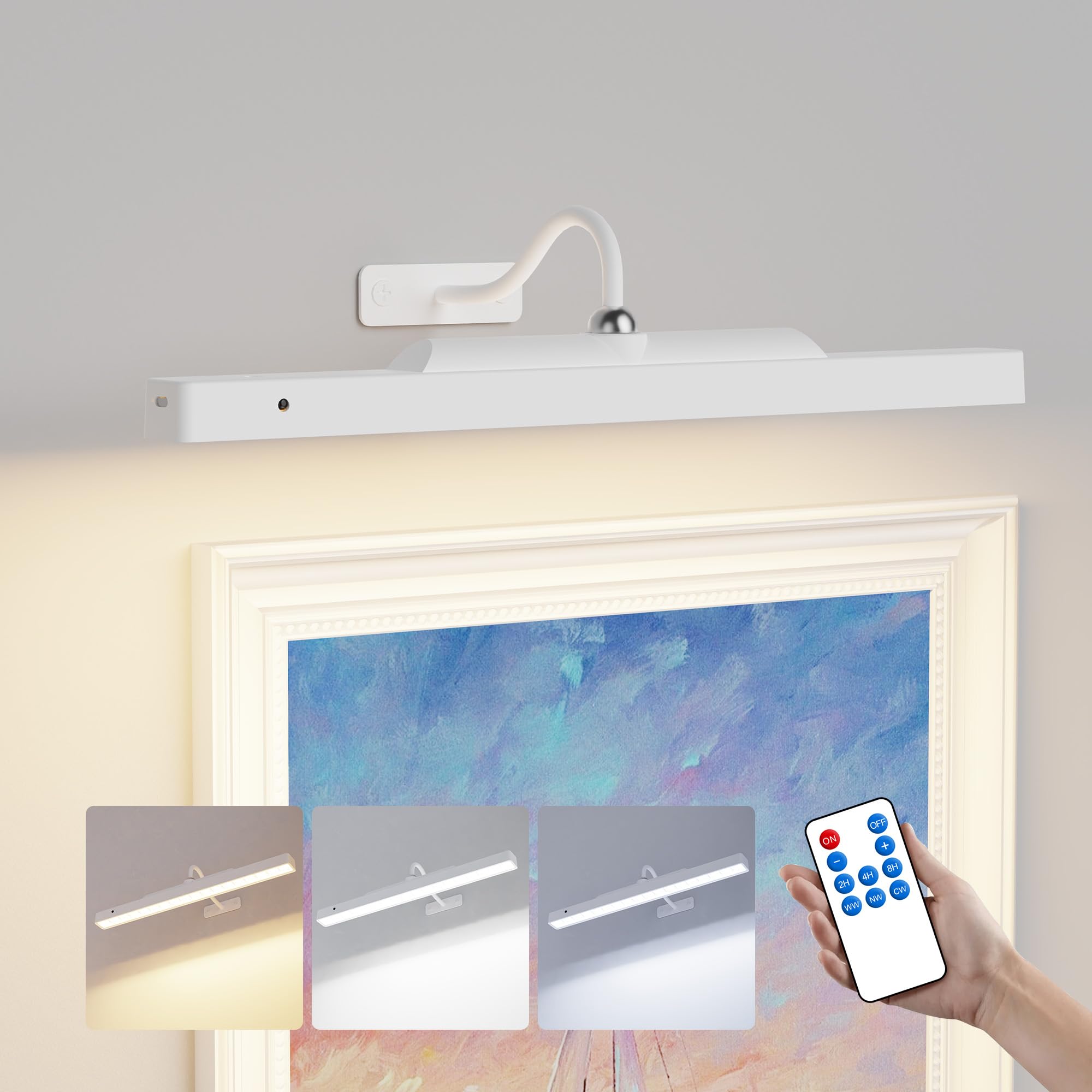 Rechargeable Picture Light for Wall Art White - 3 Color Temperatures,Remote Control & Adjustable Angle Wall Mount Battery Operated Wall Light for Paintings,Gallery,Frames,Photos (13H Runtime, 350LM) — image 1