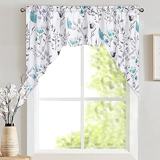 Likiyol Floral Swag Curtains Watercolor Flower Leaves for Kitchen, Teal and Gray Swag Valances,