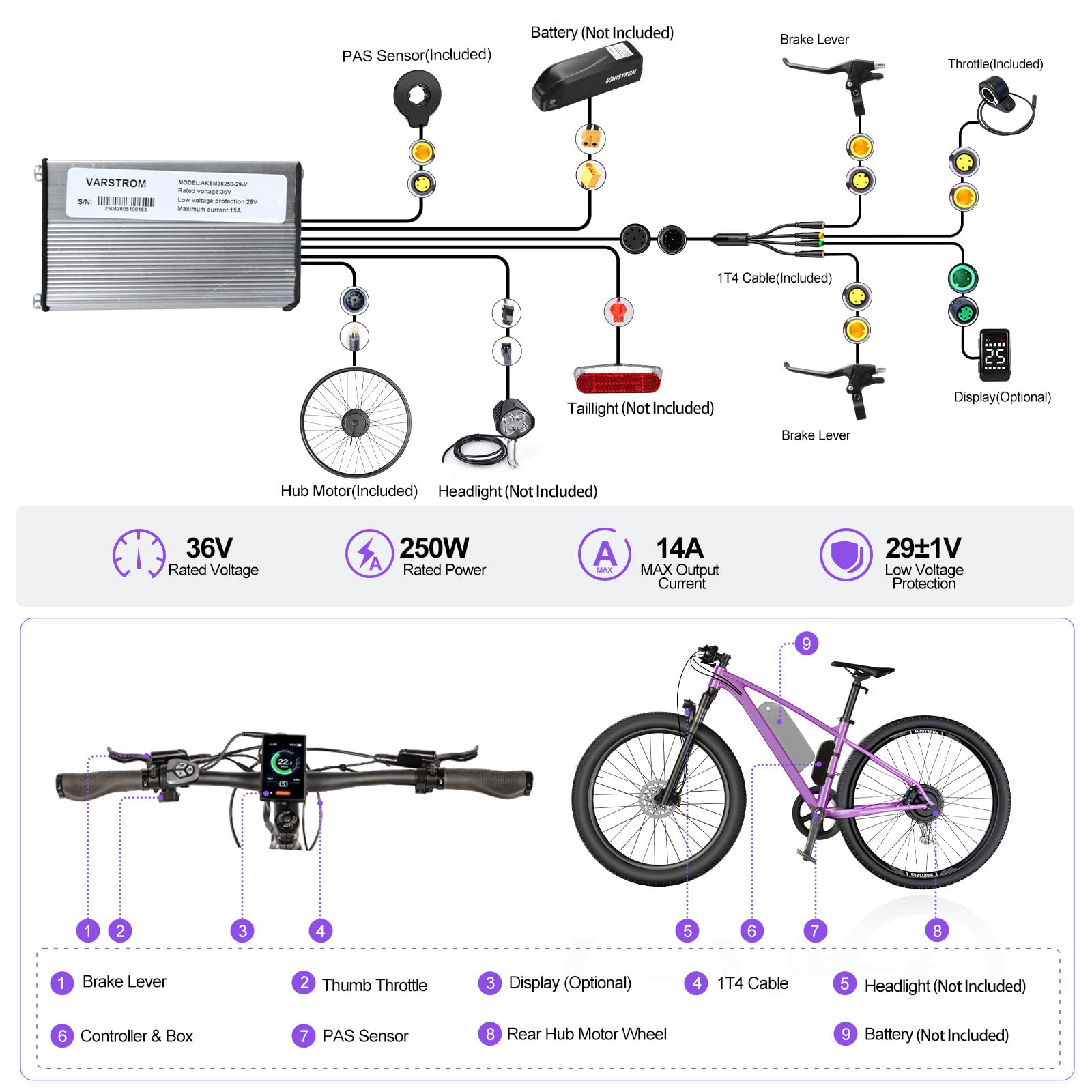 Zestaw do konwersji roweru elektrycznego 36V 250W 26 27,5 28 29 tylny silnik | Zestaw do konwersji koła Ebike z opcjonalnym wyświetlaczem, silnik górski Dropout 136-142 mm (bateria nie jest dołączona)