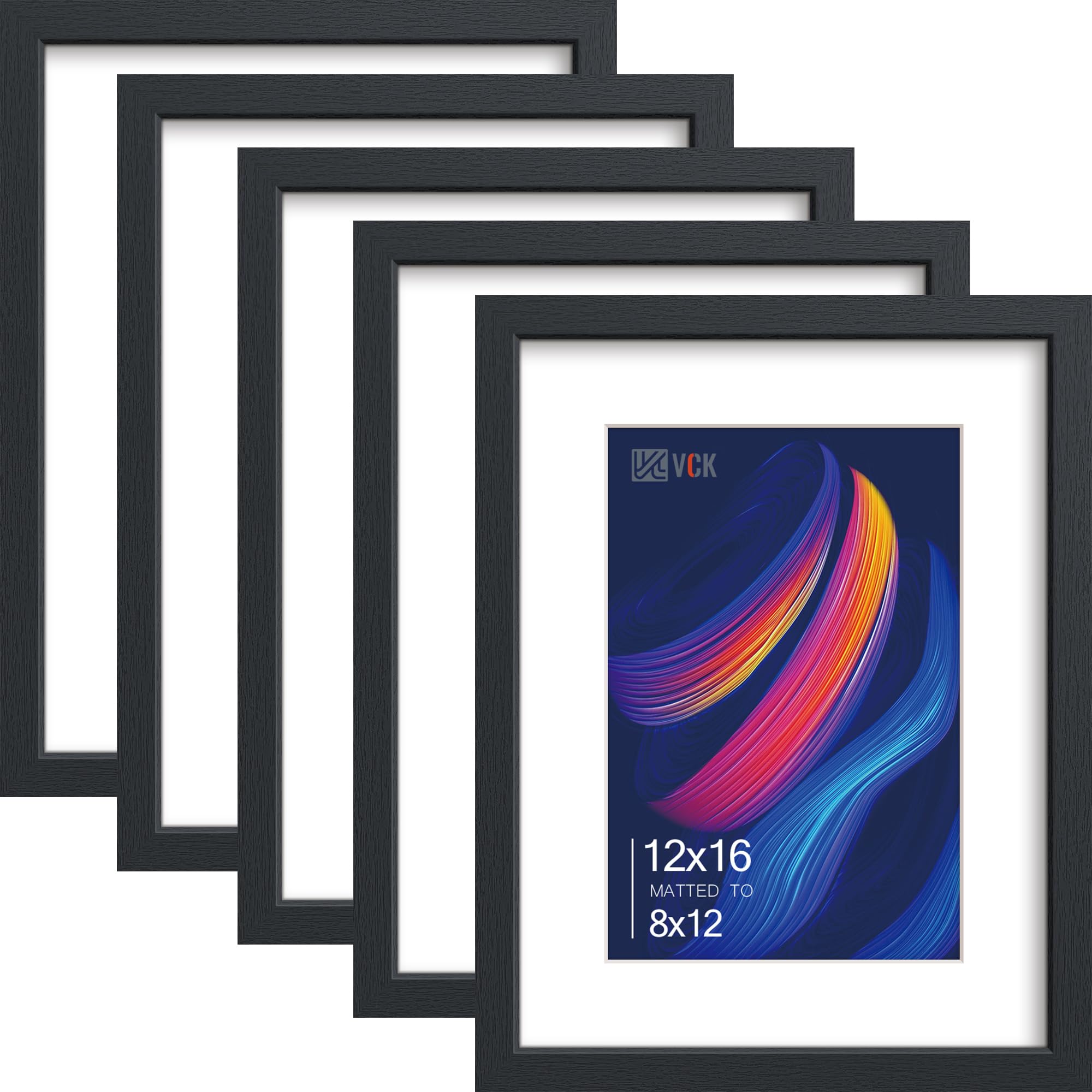 VCK 12x16 Picture Frame 5 Pack Black Wood with Tempered Glass