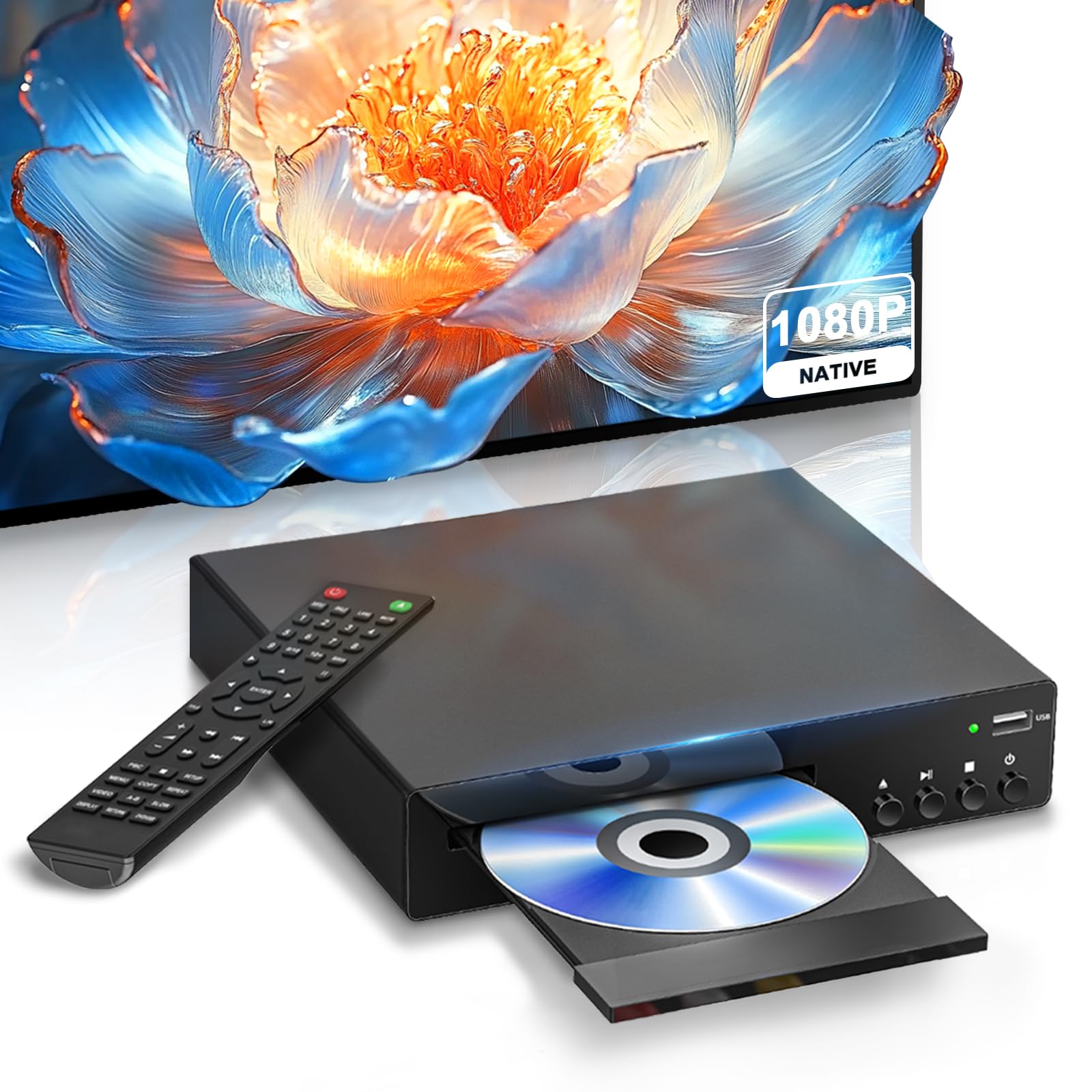 Kompakter DVD-Player für Fernseher, 1080P HDMI DVD Player Regionalfrei | Integrierte HDMI/AV/USB-Anschlüsse, unterstützt NTSC/PAL-System, kompatibel mit Smart-TV/Audiosystem